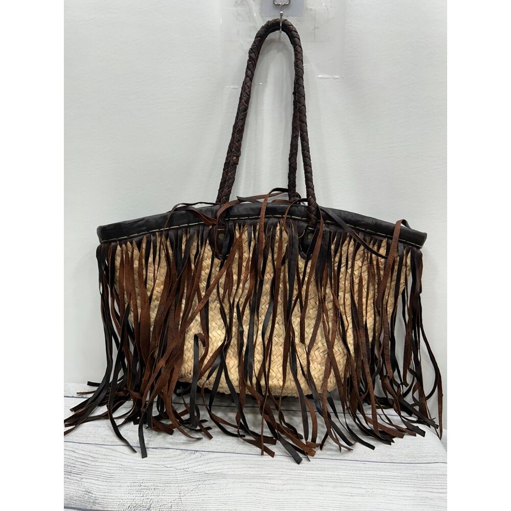 Z&L Straw Woven Fringe Brown Beige Raffia Braided Strap‎ Boho Shoulder Tote NWT - Picture 2 of 8